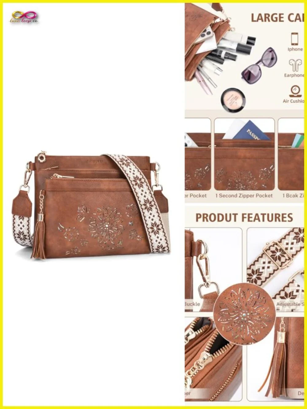 Designer Faux Leather Crossbody Bag with Sunflower Cut-Out Multi Pocket Wide